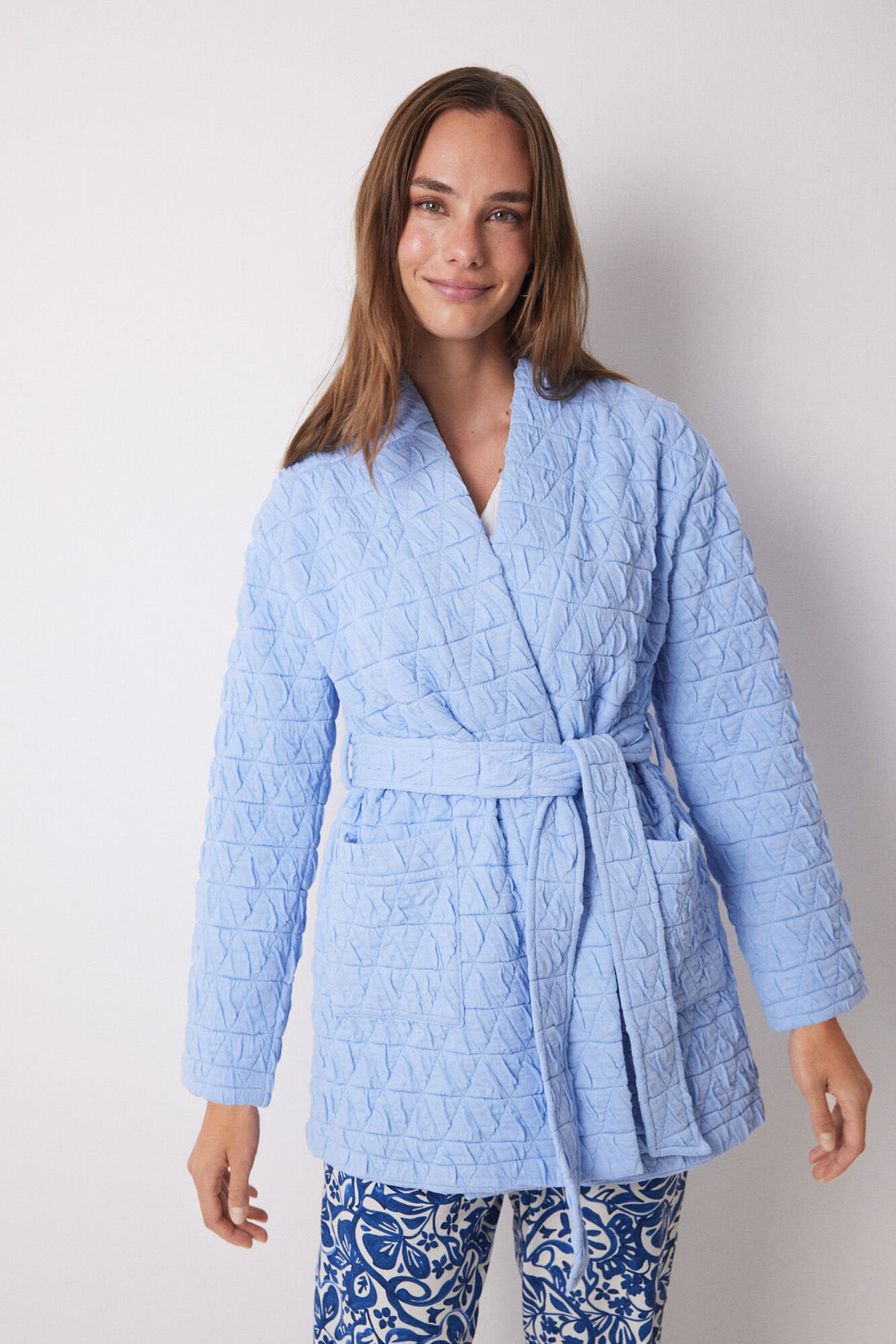 Light Blue Quilted Wrap Short Robe_01