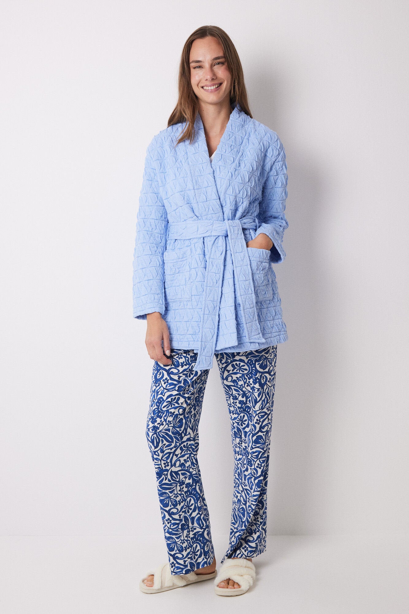 Light Blue Quilted Wrap Short Robe_05