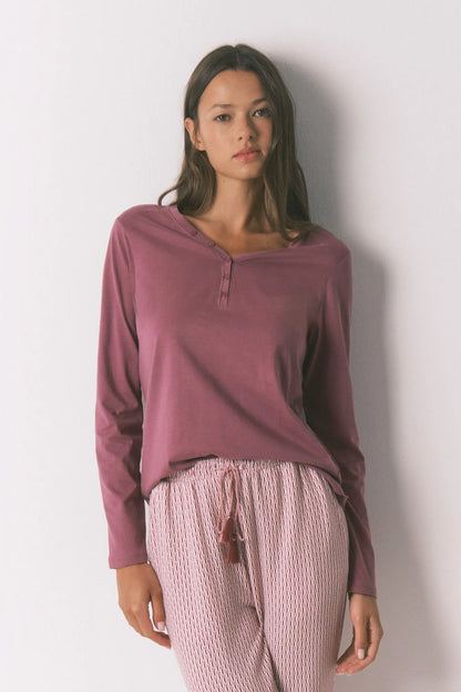 Women Secret_Wine_Long Sleeve Brushed Cotton Maroon T-Shirt_3272281_88_01