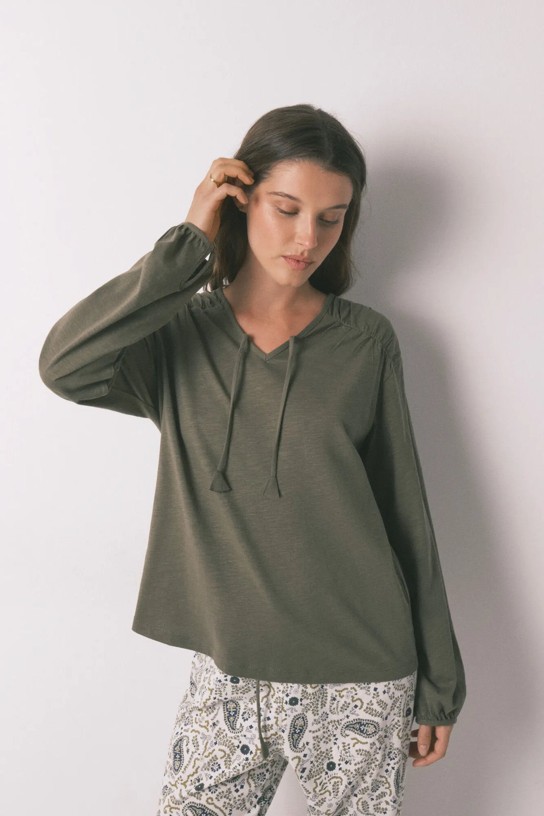Women Secret_Green_Green Cotton Ruched Long Sleeve T-Shirt_3273276_91_01