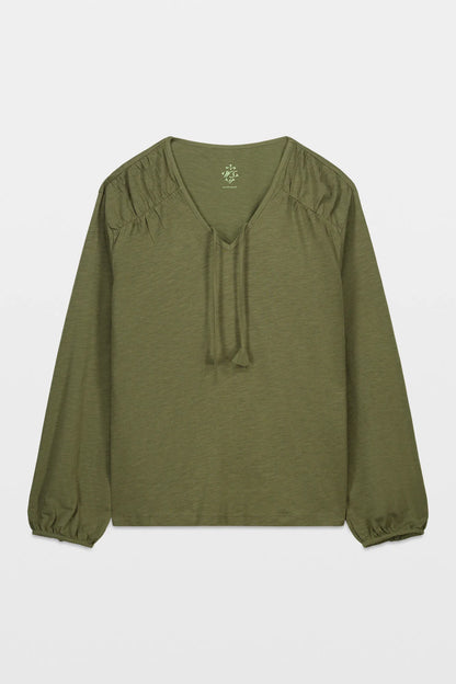 Women Secret_Dark Khaki_Green Cotton Ruched Long Sleeve T-Shirt_3273276_91_05