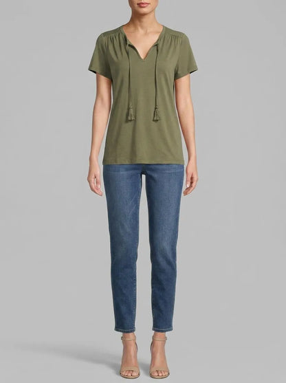 Women Secret_Dark Khaki_Green Cotton Ruched Short Sleeve T-Shirt_3273278_91_00