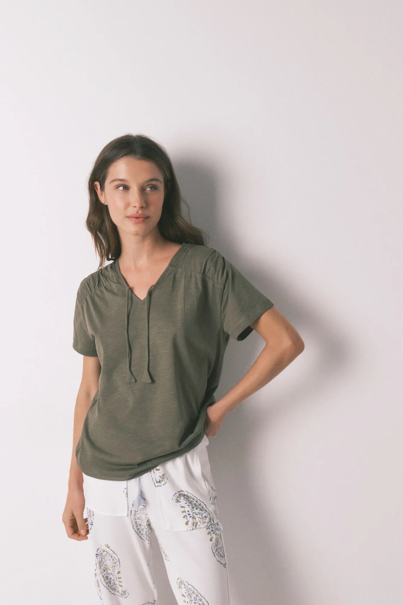 Women Secret_Dark Khaki_Green Cotton Ruched Short Sleeve T-Shirt_3273278_91_01