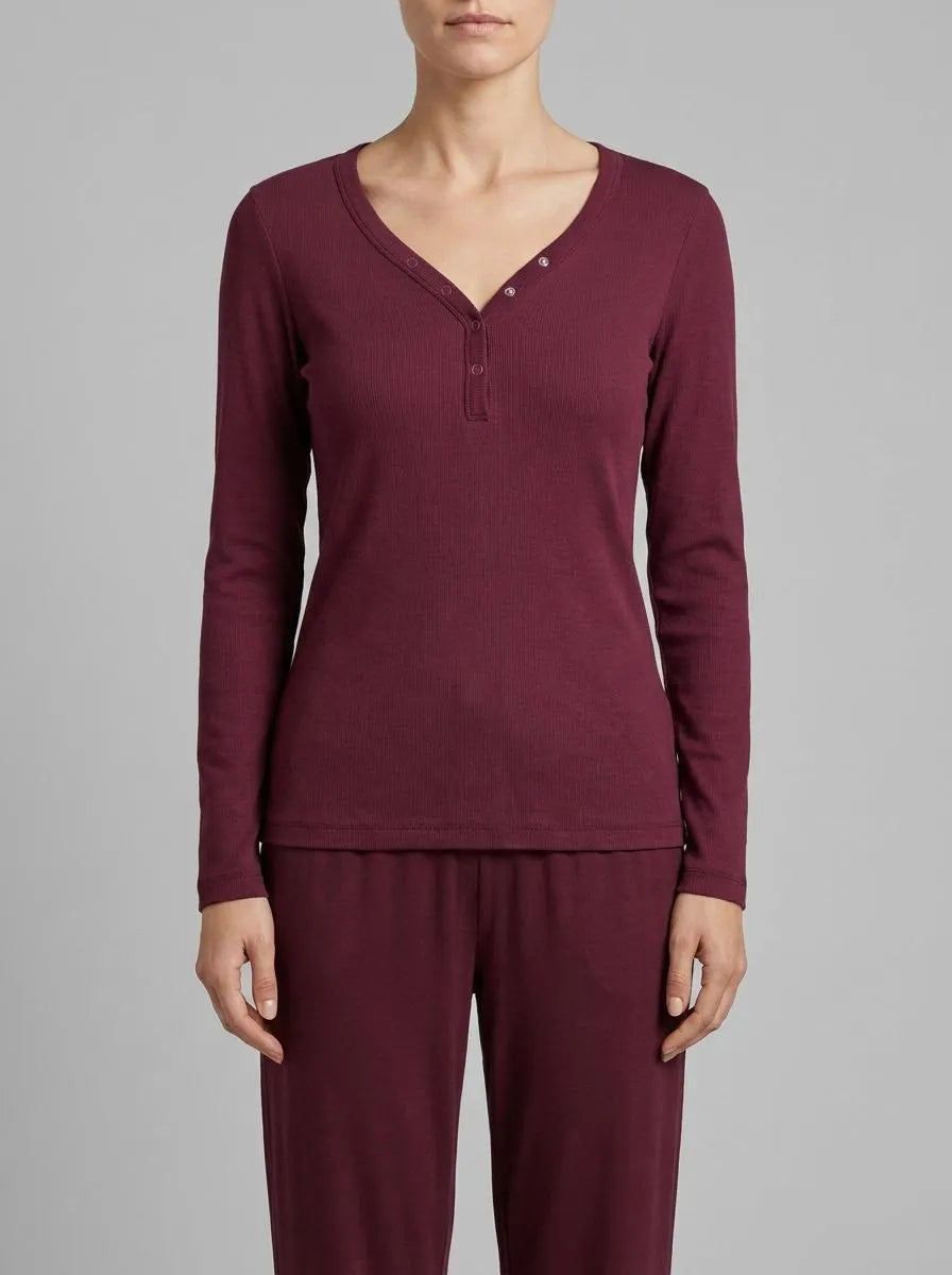 Women Secret_Wine_Burgundy Ribbed Cotton Long Sleeve T-Shirt_3273280_68_00