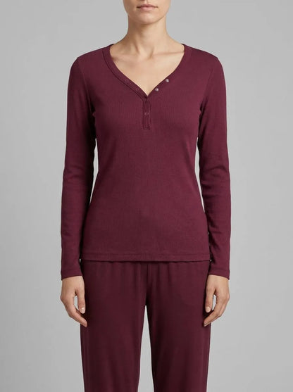 Women Secret_Wine_Burgundy Ribbed Cotton Long Sleeve T-Shirt_3273280_68_00