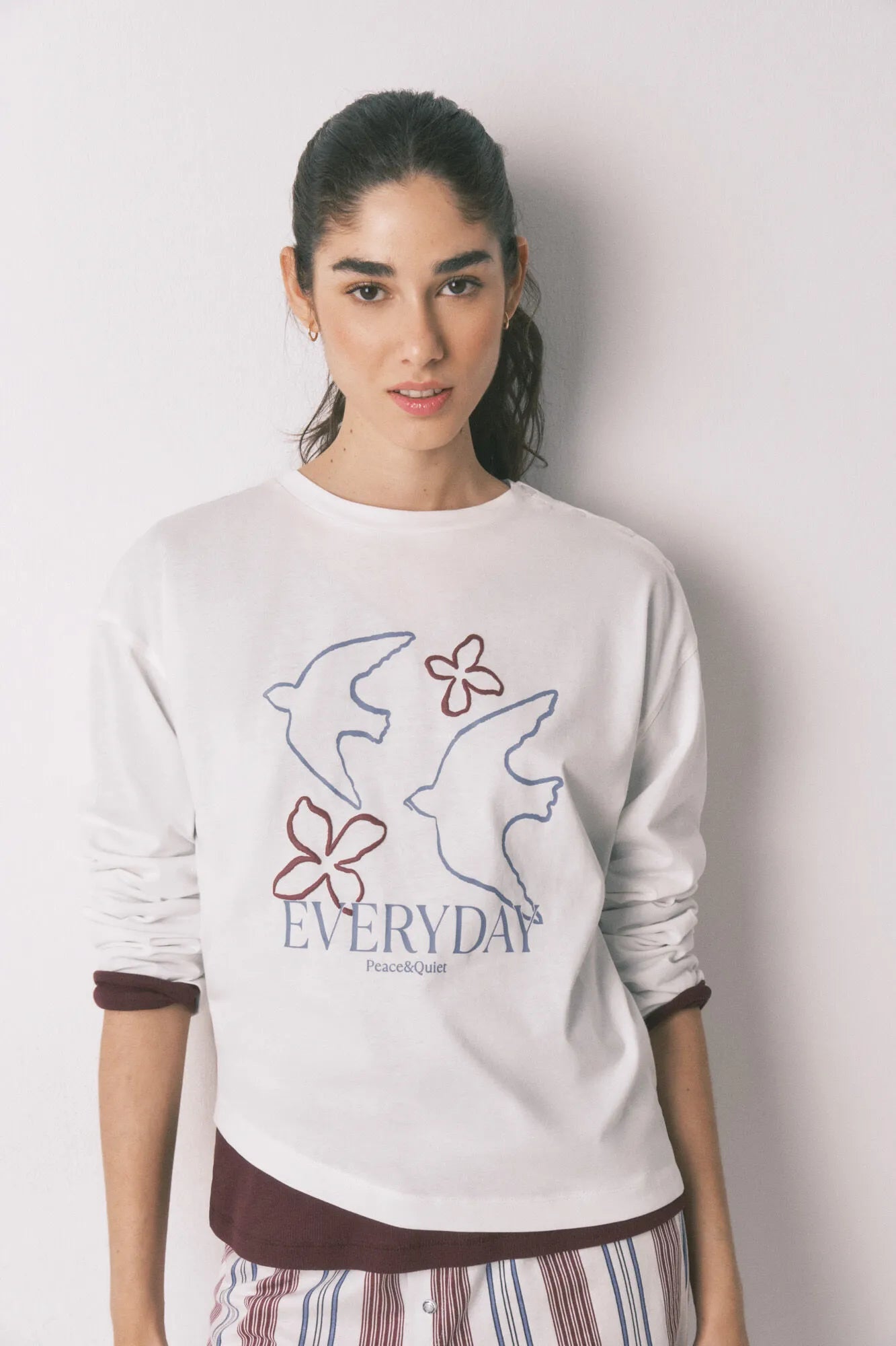 Women Secret Ivory Women White 100% Cotton 3/4 Sleeve T-Shirt SKU: 3273283_96 Image 03
