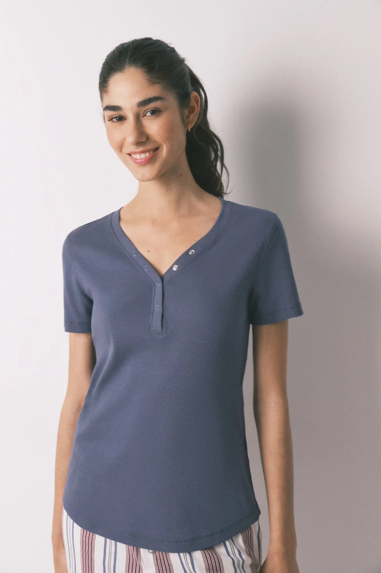 Women Secret_Light Blue_Blue Cotton Ribbed Short Sleeve T-Shirt_3273284_17_01