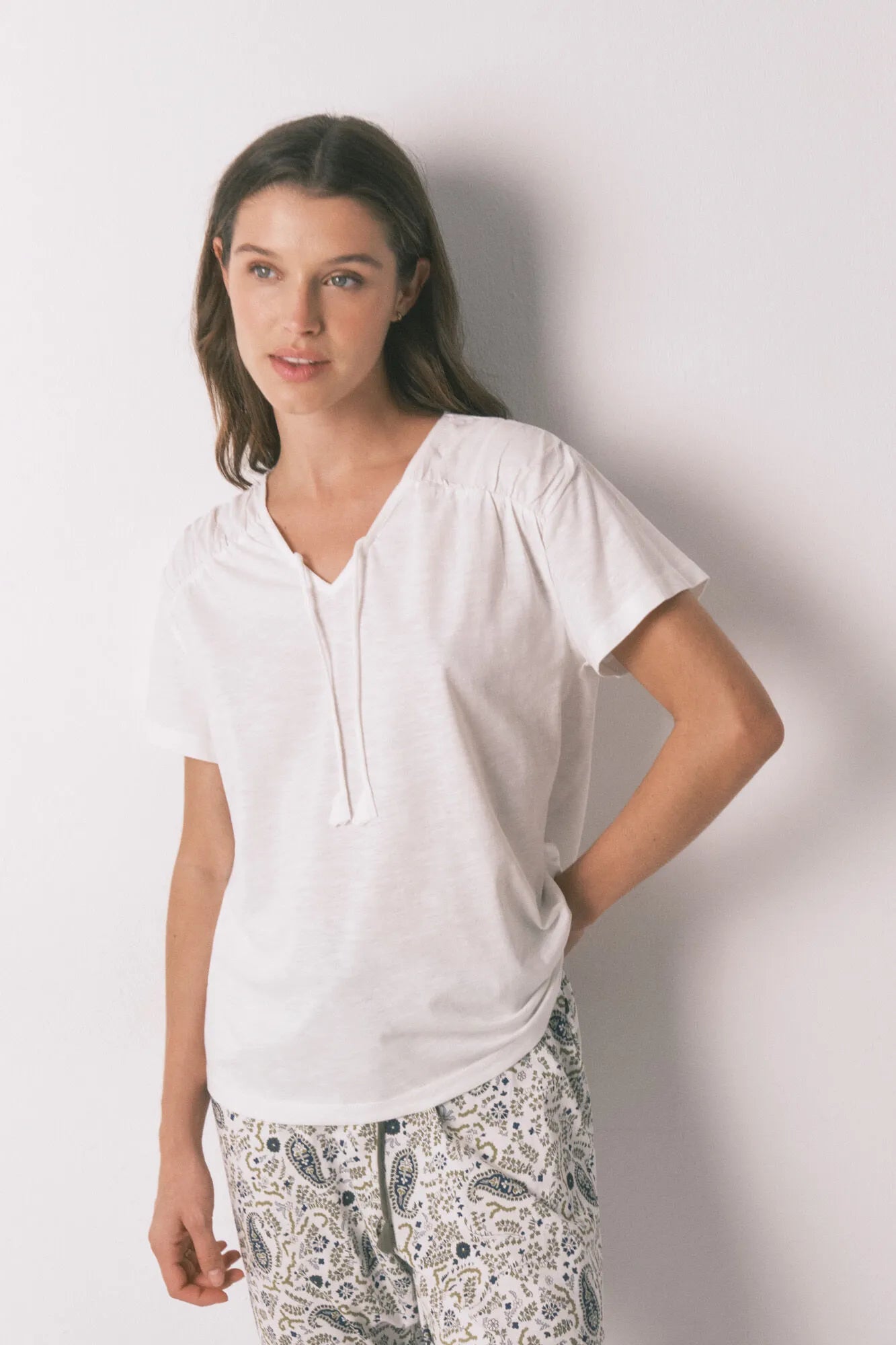 Women Secret_Ivory_White Cotton Ruched Short Sleeve T-Shirt_3273287_96_03
