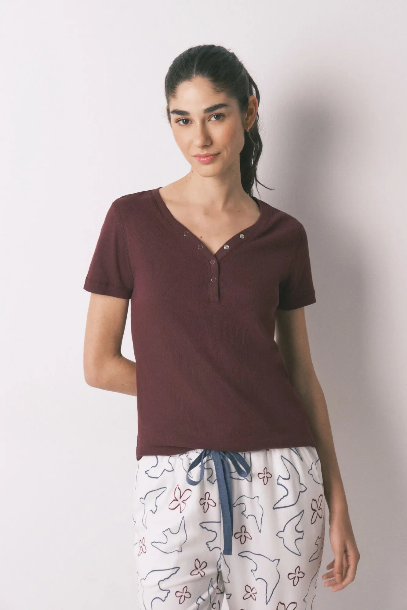 Women Secret_Red_Burgundy Ribbed Cotton Short Sleeve T-Shirt_3273288_68_02