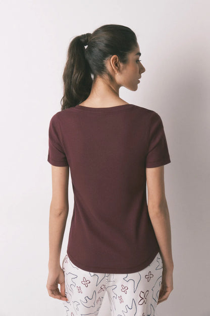 Women Secret_Wine_Burgundy Ribbed Cotton Short Sleeve T-Shirt_3273288_68_03