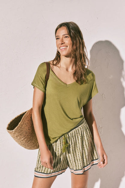 Women Secret Light Khaki Women Green Short Sleeve T-Shirt SKU: 3273305_94 Image 01
