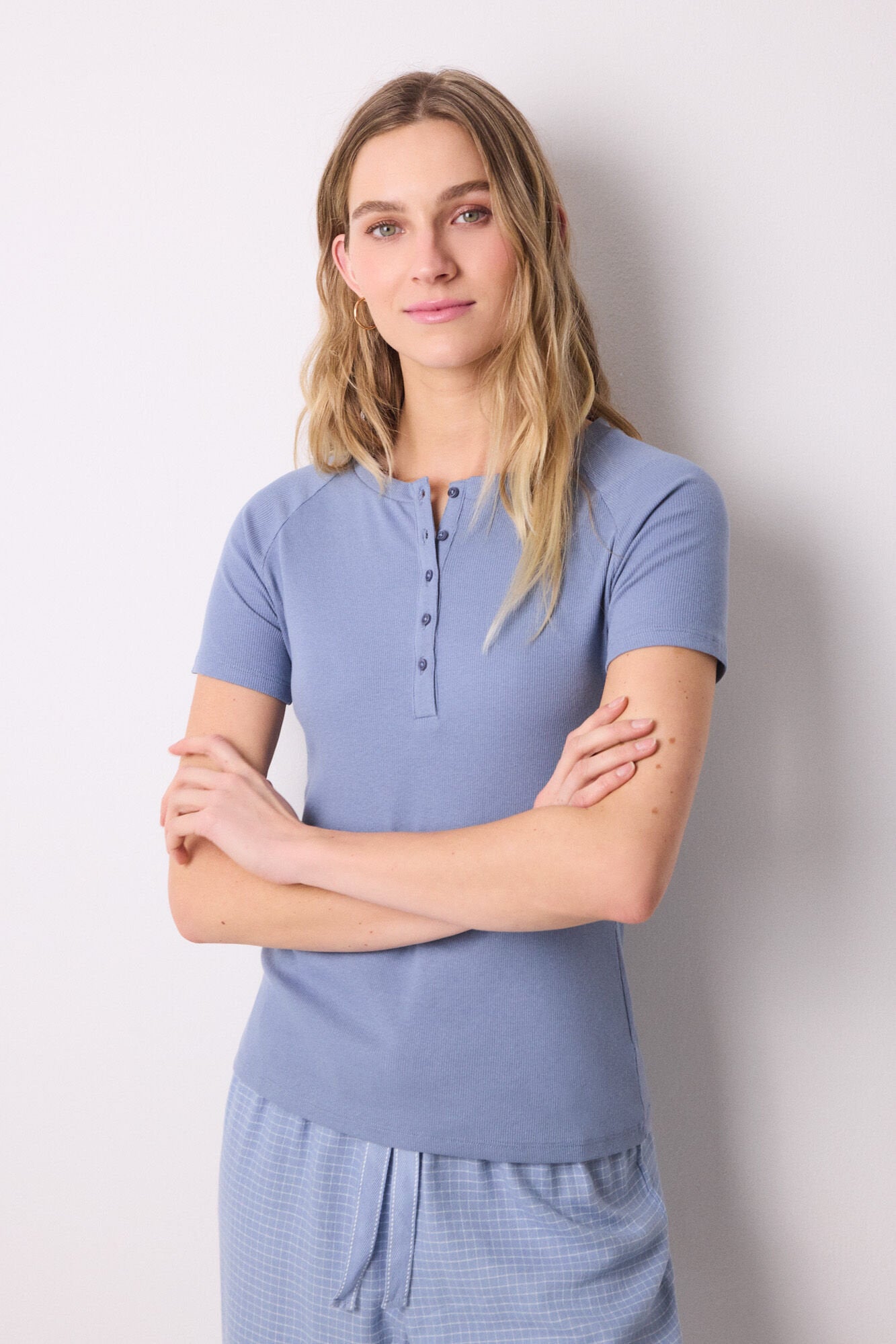 Women Secret_Blue Ribbed Short Sleeve T-Shirt_3279681_17_03