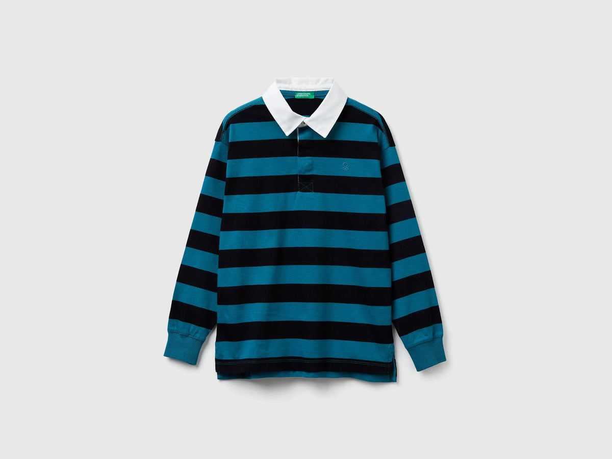 Benetton Air Force Blue Boys Striped Cotton Polo SKU: 33CKC301X_907 Image 01