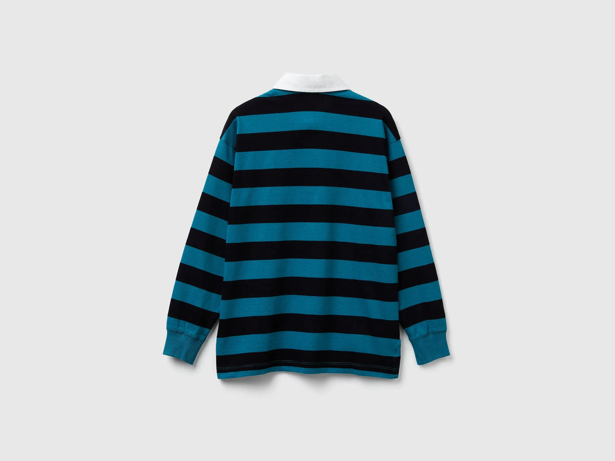 Benetton Air Force Blue Boys Striped Cotton Polo SKU: 33CKC301X_907 Image 02