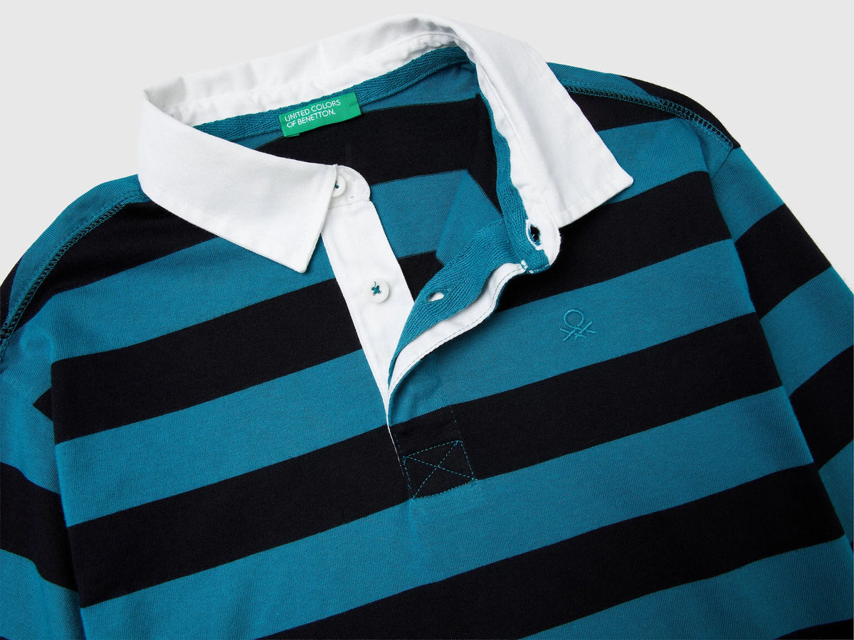 Benetton Air Force Blue Boys Striped Cotton Polo SKU: 33CKC301X_907 Image 03