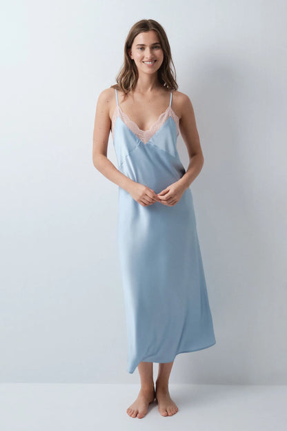 Women Secret Dark Blue Women Blue Satin-Finish Midi Nightgown SKU: 3414406_11 Image 03