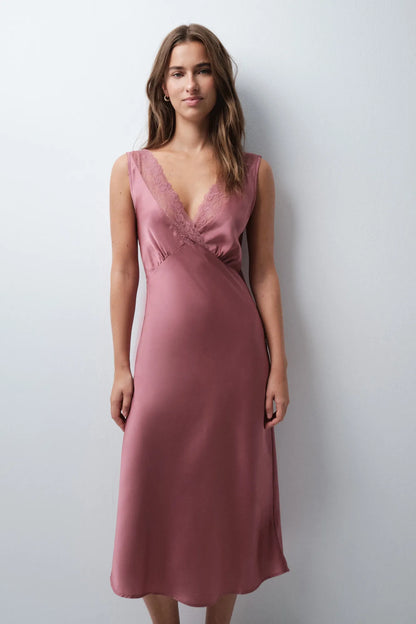 Women Secret Pink Women Satin-Finish Long Nightgown with Lace Straps SKU: 3414408_72 Image 02