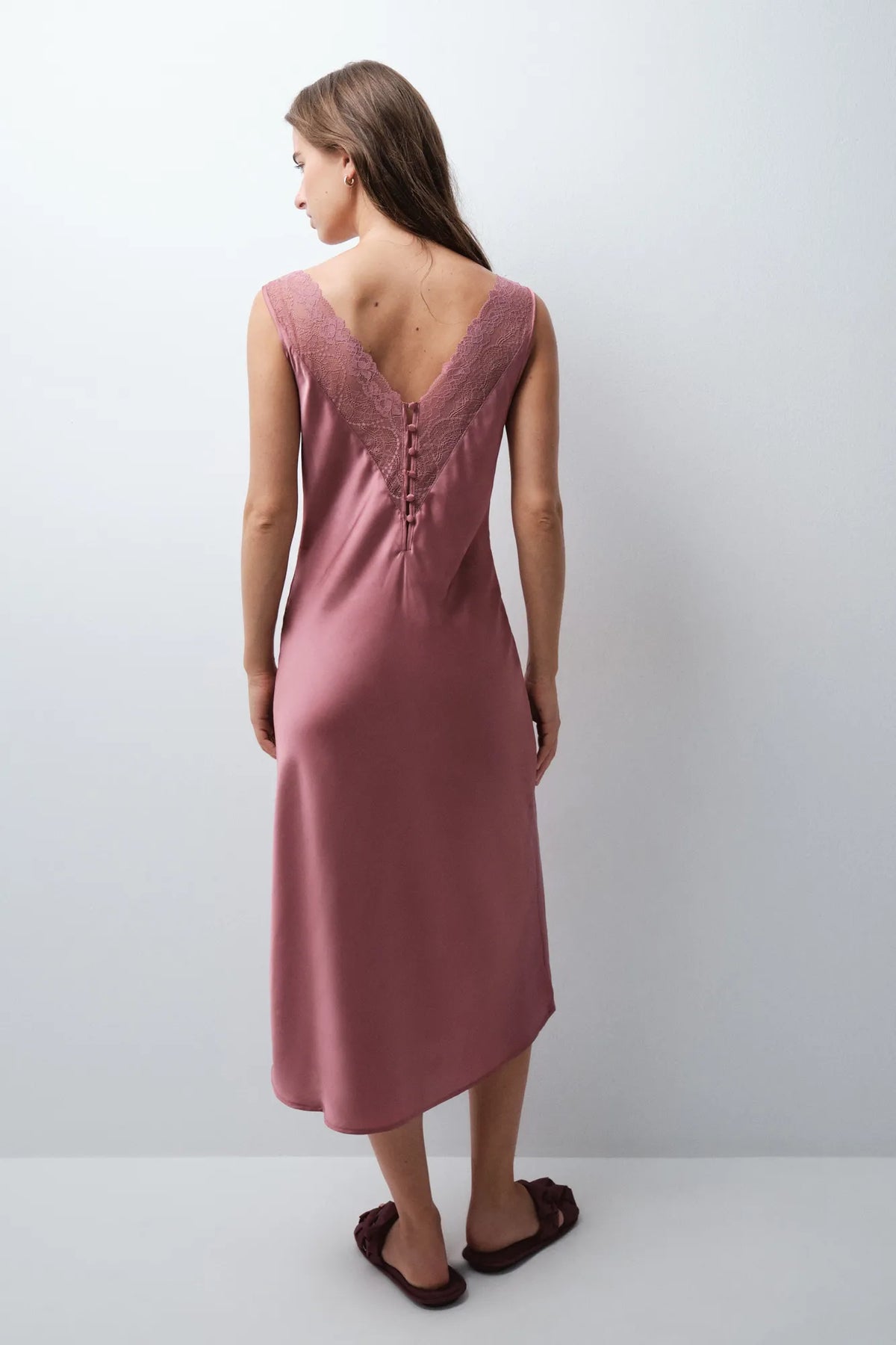 Women Secret Pink Women Satin-Finish Long Nightgown with Lace Straps SKU: 3414408_72 Image 03