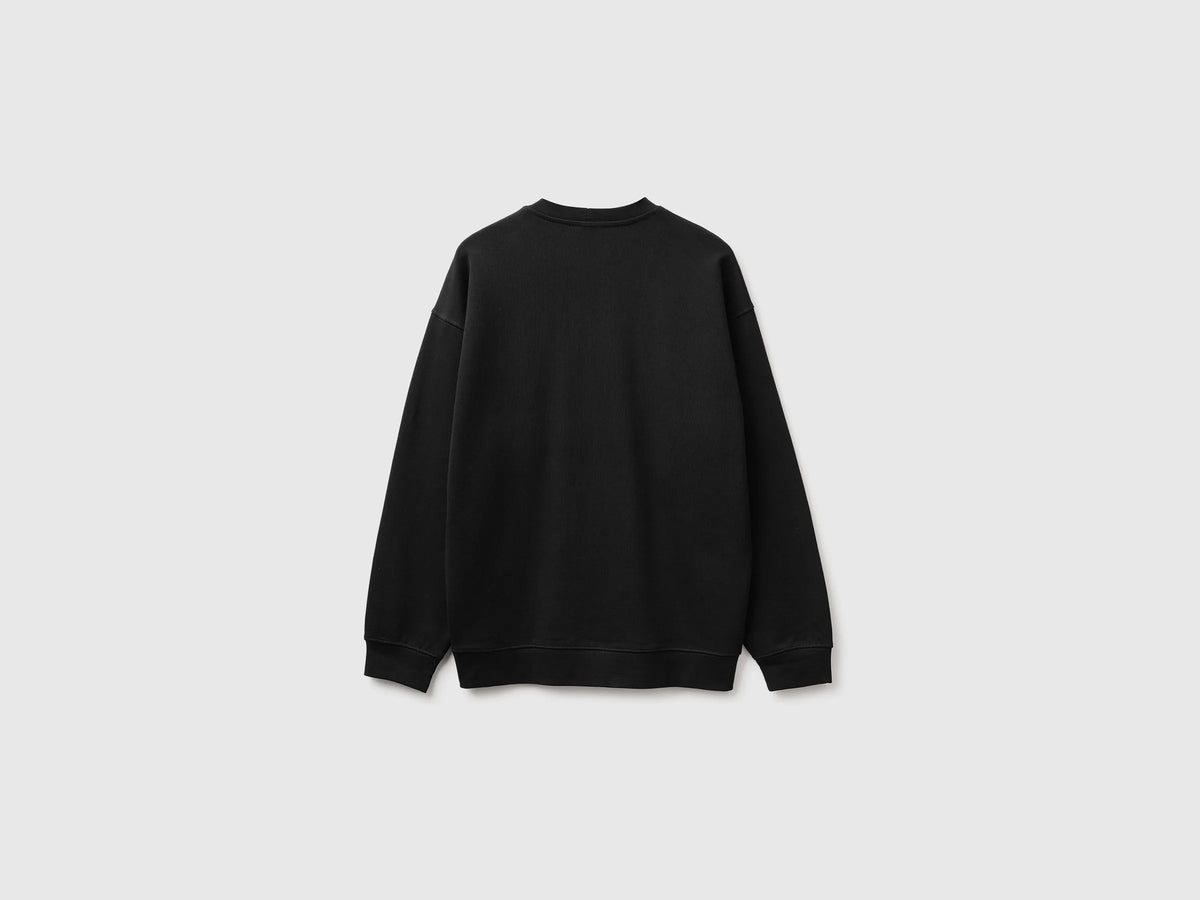 Benetton Black Men Closed Sweatshirt with Logo Patch SKU: 342ZU1093_700 Image 02