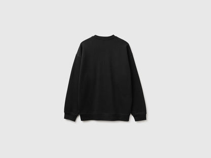 Benetton Black Men Closed Sweatshirt with Logo Patch SKU: 342ZU1093_700 Image 02