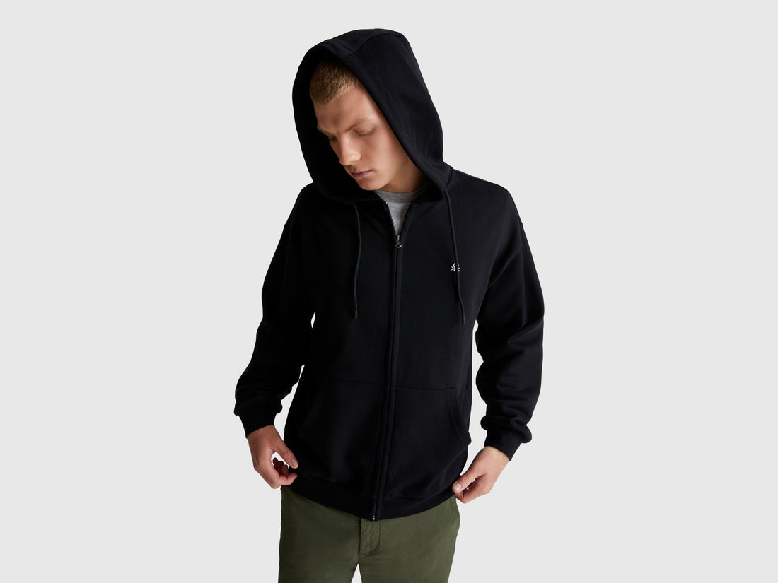 Benetton_Black_Zip-Up Hoodie in Cotton_342ZU500P_100_01
