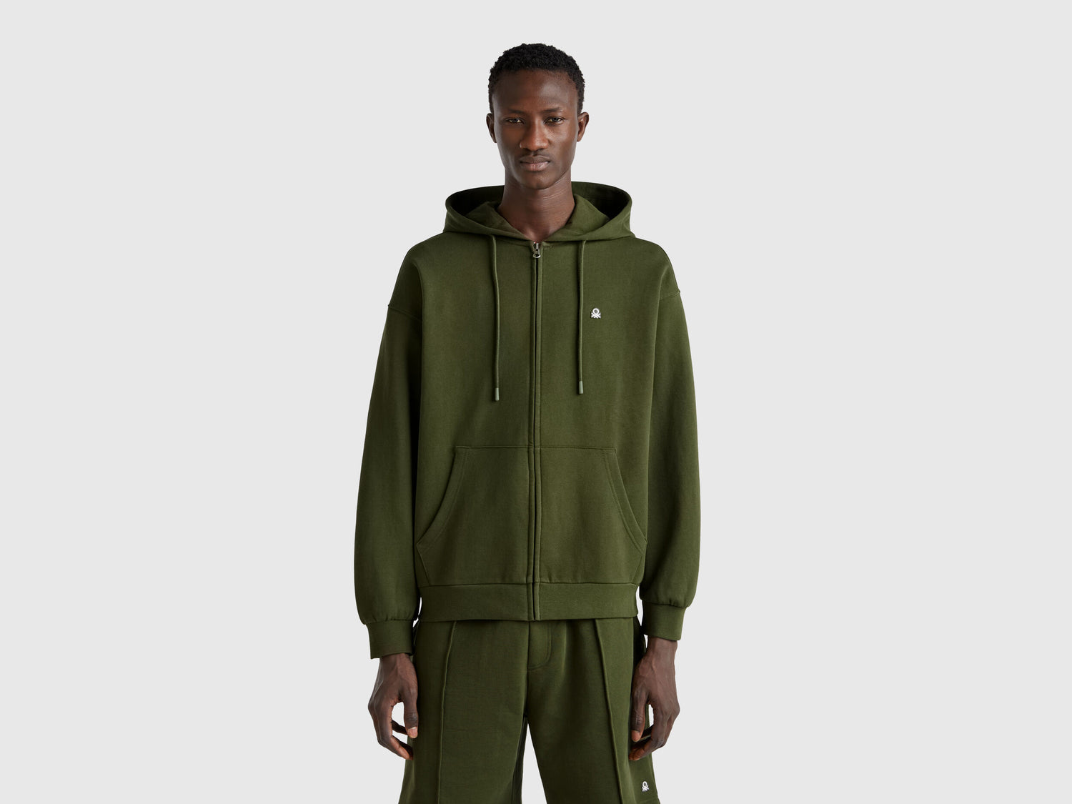 Benetton_Olive Green_Zip-Up Hoodie in Cotton_342ZU500P_35Y_01