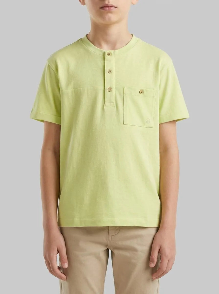 Benetton Lime Boys Linen Blend Henley T-Shirt SKU: 34I0C10T9_0M4 Image 00