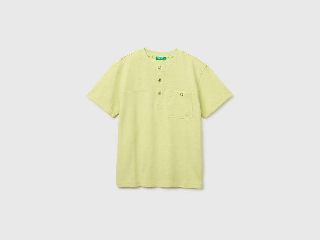 Benetton Lime Boys Linen Blend Henley T-Shirt SKU: 34I0C10T9_0M4 Image 01