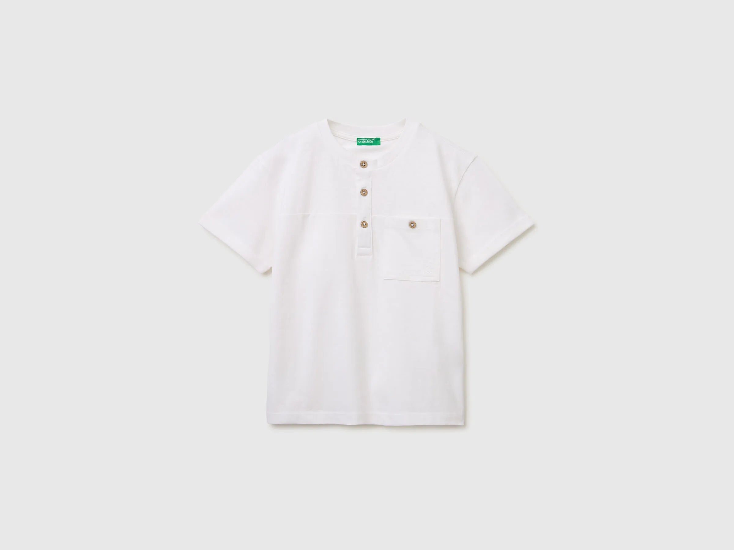 Benetton White Boys Linen Blend Henley T-Shirt SKU: 34I0C10T9_101 Image 01
