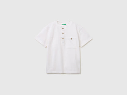 Benetton White Boys Linen Blend Henley T-Shirt SKU: 34I0C10T9_101 Image 01