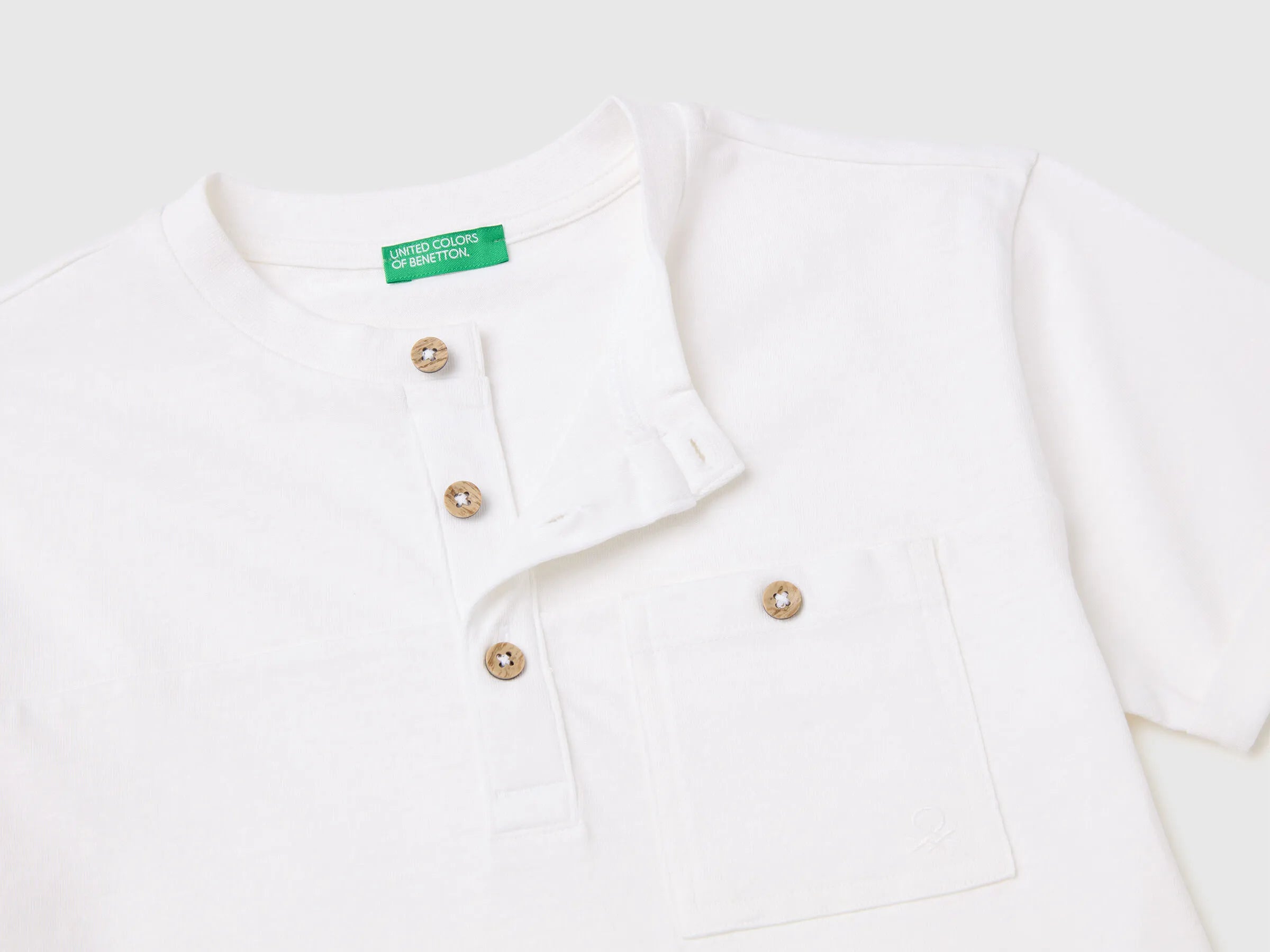 Benetton White Boys Linen Blend Henley T-Shirt SKU: 34I0C10T9_101 Image 03