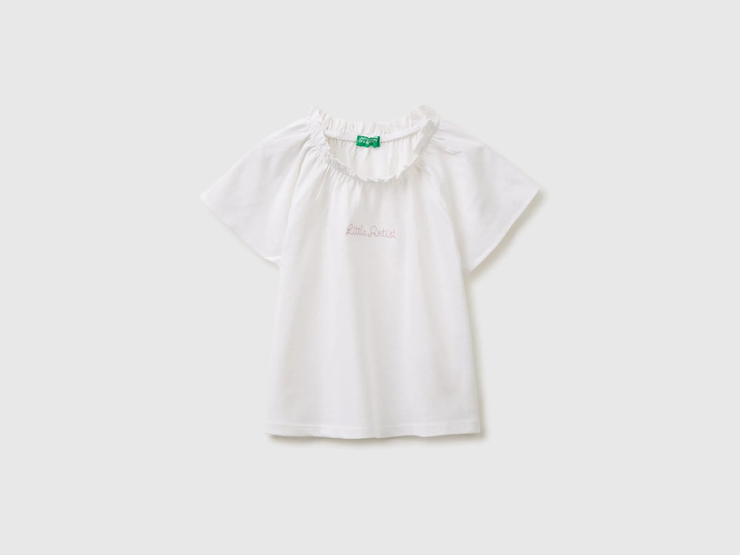 Benetton White Girls Linen Blend Ruffle Neck T-Shirt SKU: 34I0G10MQ_101 Image 01