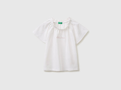 Benetton White Girls Linen Blend Ruffle Neck T-Shirt SKU: 34I0G10MQ_101 Image 01