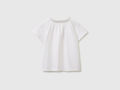 Benetton White Girls Linen Blend Ruffle Neck T-Shirt SKU: 34I0G10MQ_101 Image 02