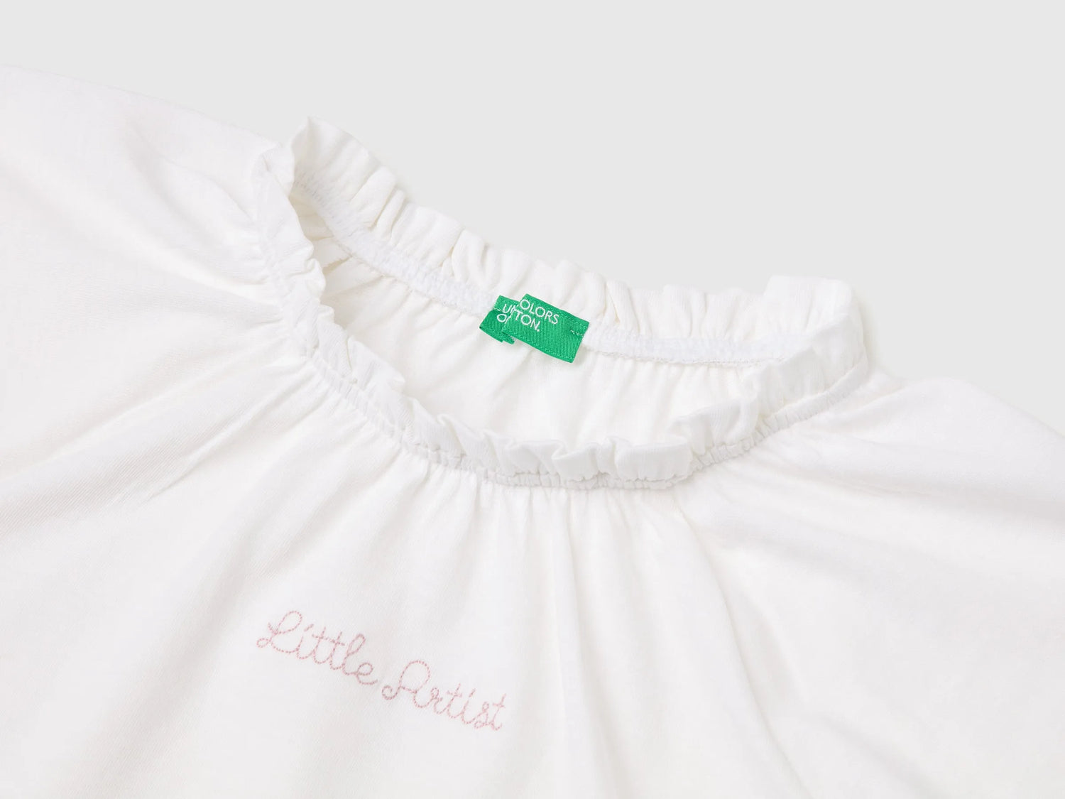 Benetton White Girls Linen Blend Ruffle Neck T-Shirt SKU: 34I0G10MQ_101 Image 03