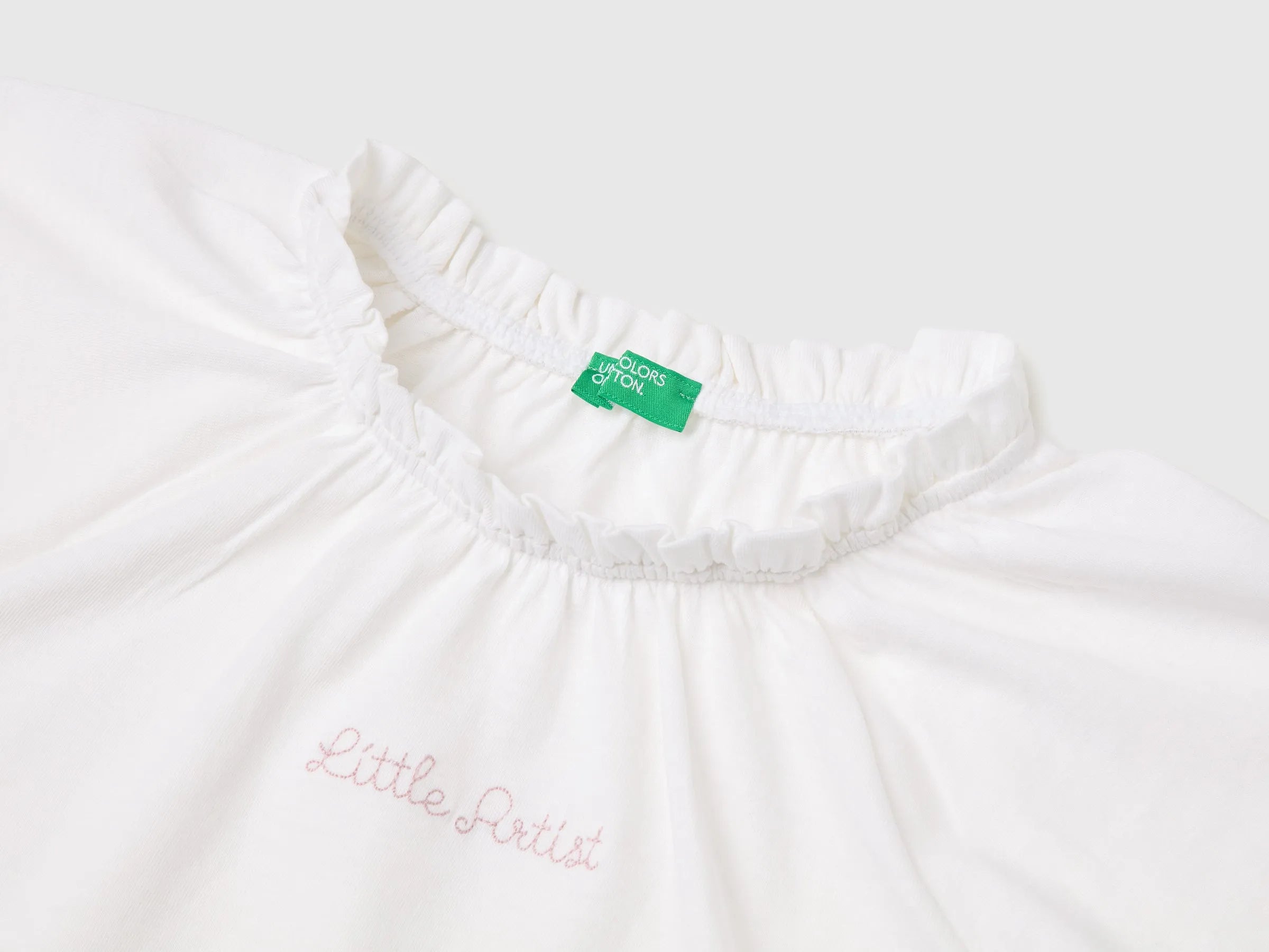 Benetton White Girls Linen Blend Ruffle Neck T-Shirt SKU: 34I0G10MQ_101 Image 03