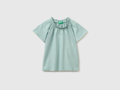 Benetton Blue Girls Linen Blend Ruffle Neck T-Shirt SKU: 34I0G10MQ_30V Image 01