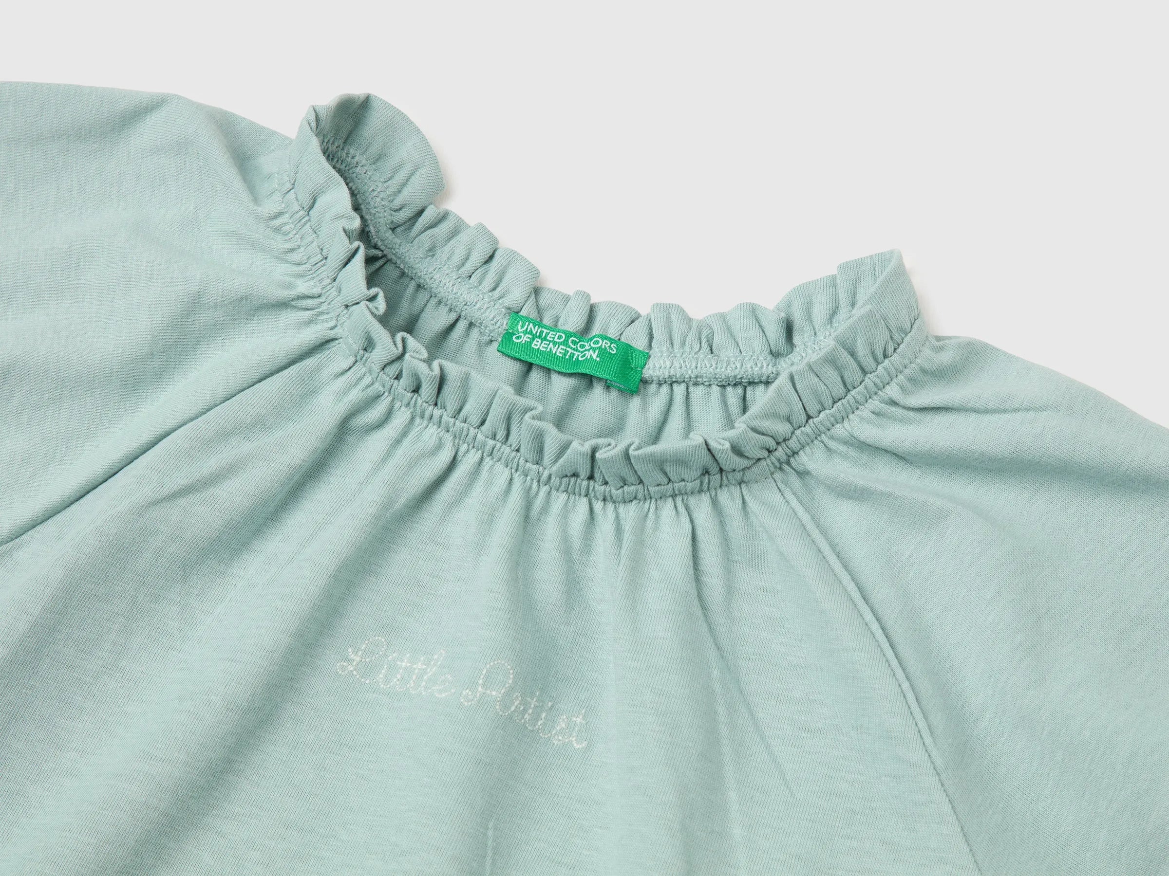 Benetton Blue Girls Linen Blend Ruffle Neck T-Shirt SKU: 34I0G10MQ_30V Image 03