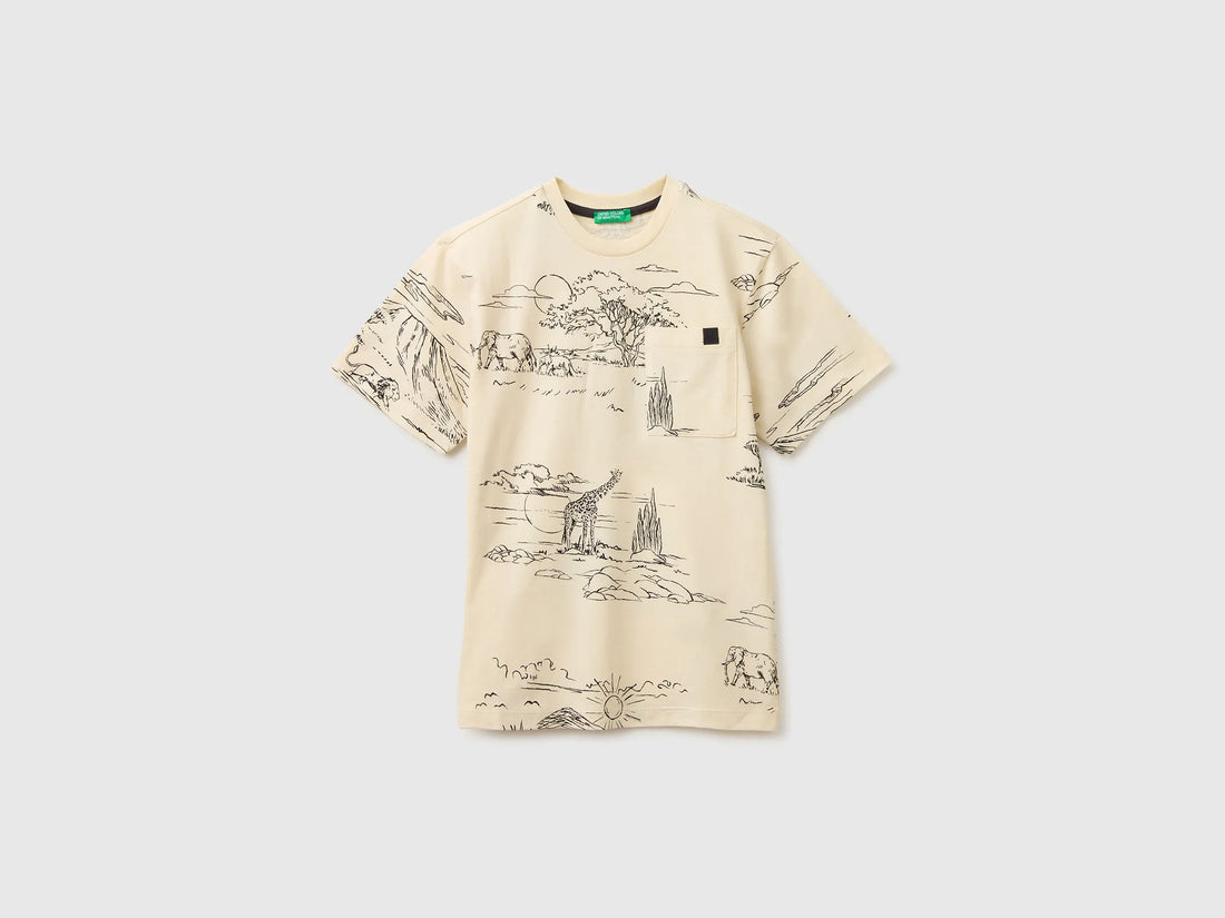 Benetton Creamy White Boys Printed T-Shirt with Pocket SKU: 34UTC10TL_73L Image 01