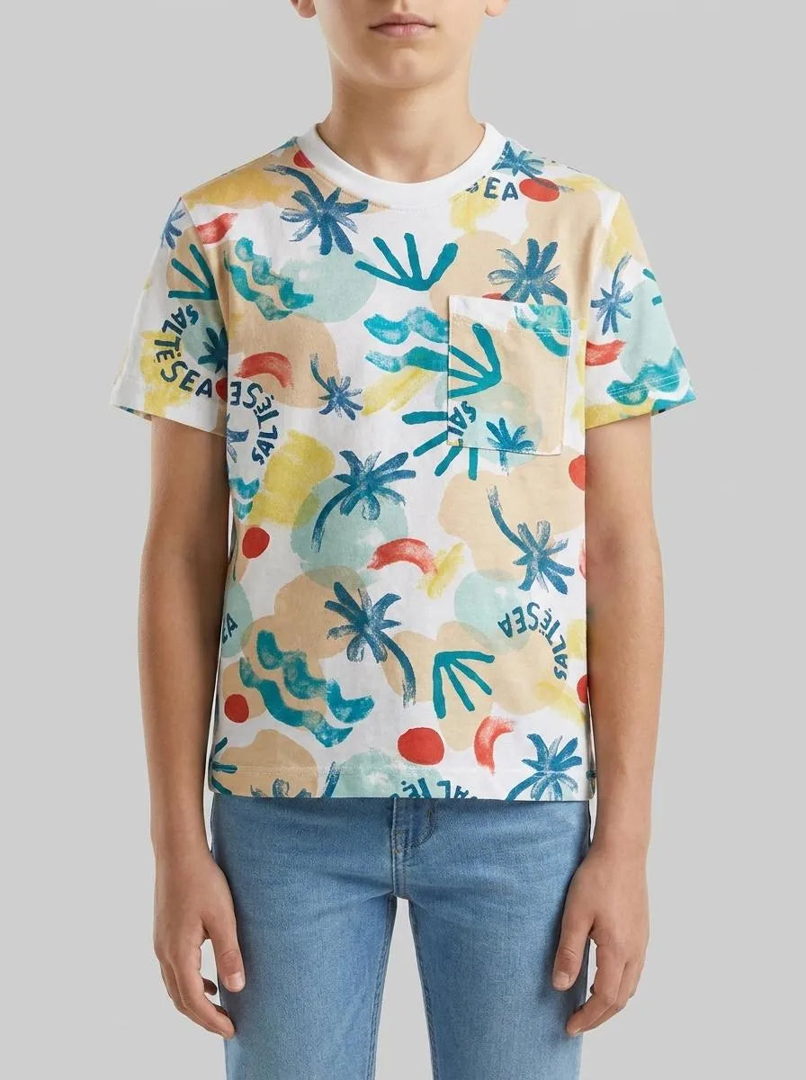 Benetton White Boys T-Shirt with Tropical Print SKU: 34UTG10N2_70P Image 00