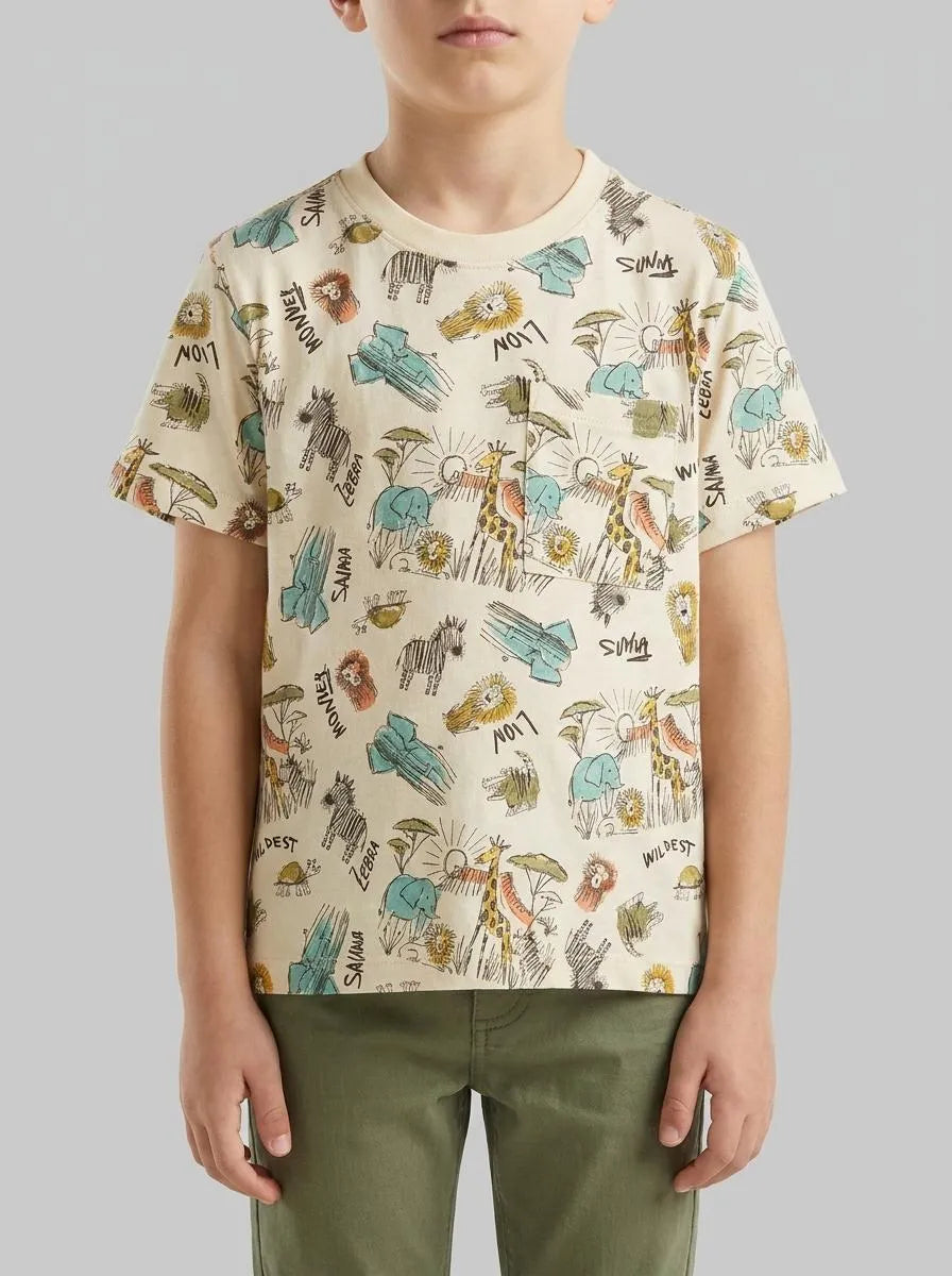 Benetton Creamy White Boys Safari Print T-Shirt SKU: 34UTG10N2_70Q Image 00