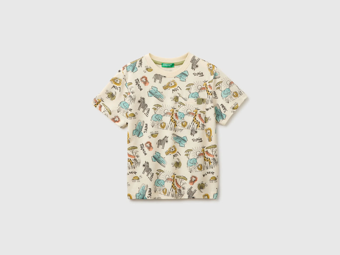 Benetton Creamy White Boys Safari Print T-Shirt SKU: 34UTG10N2_70Q Image 01