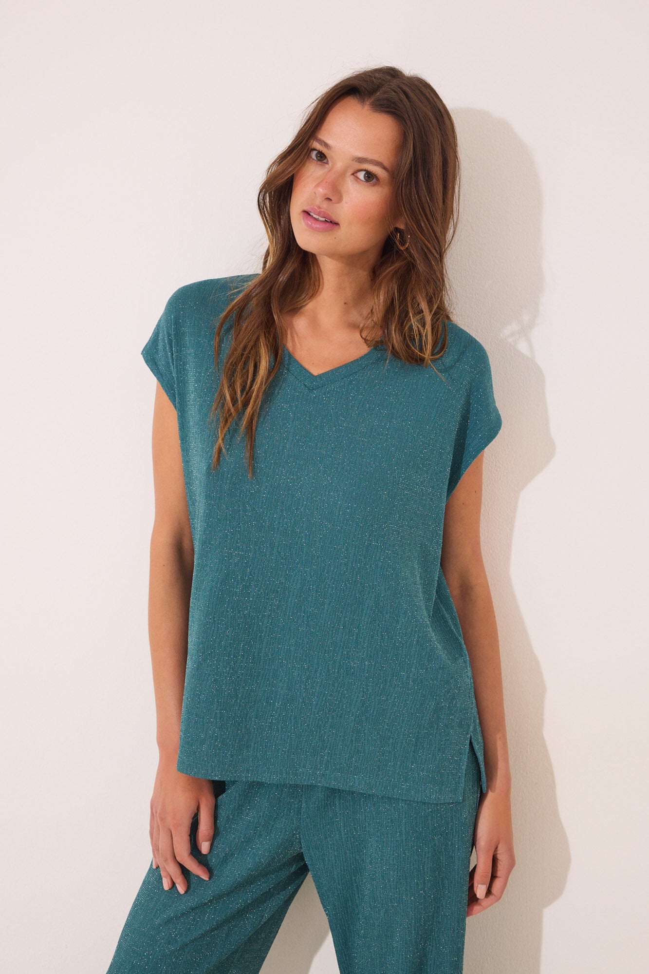 Women Secret_Green Lurex Trouser and T-Shirt Set_3592391_27_03