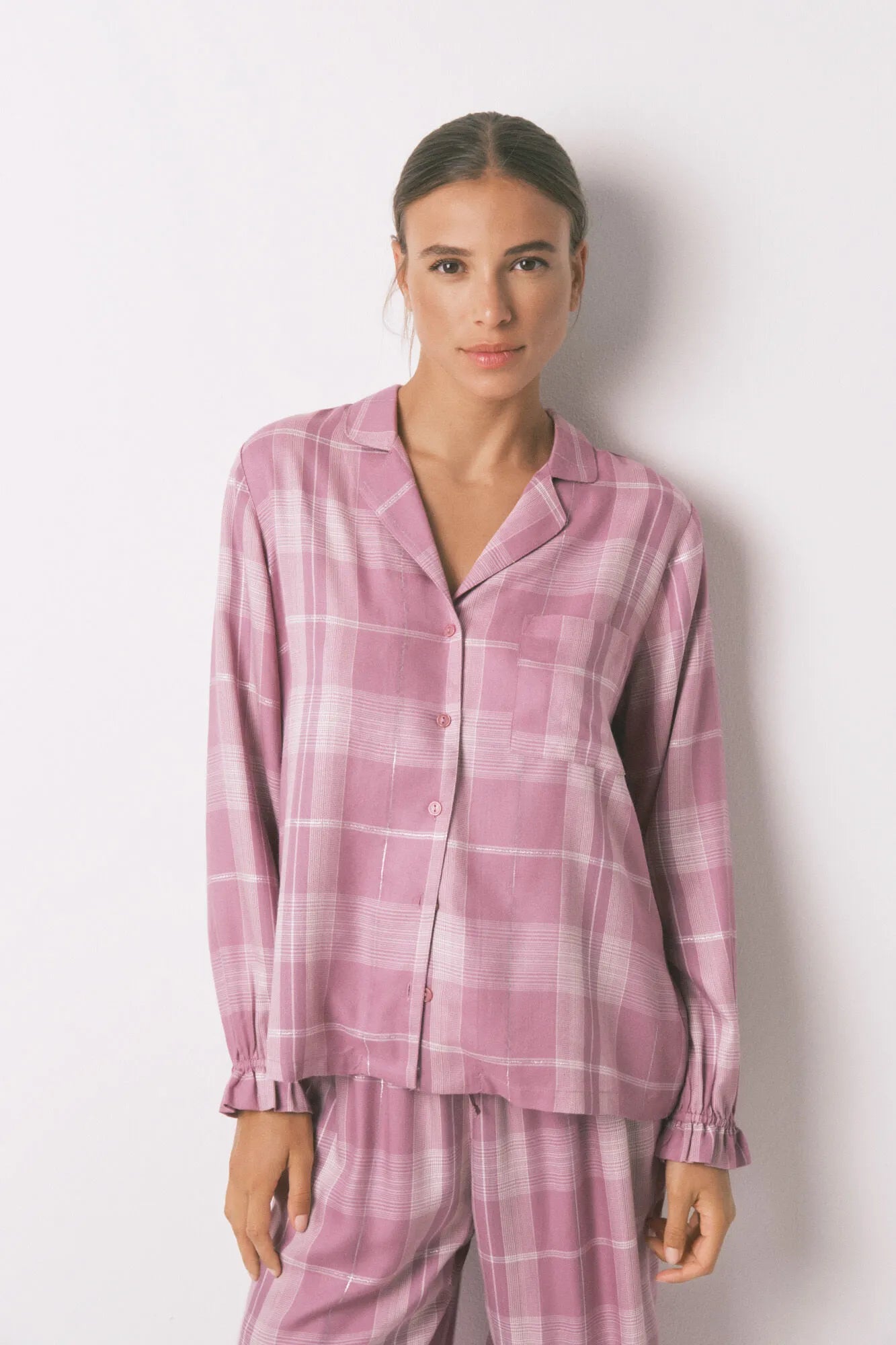 Women Secret_Pink_Pink Checked Viscose Long Classic Pyjamas_3592422_73_03