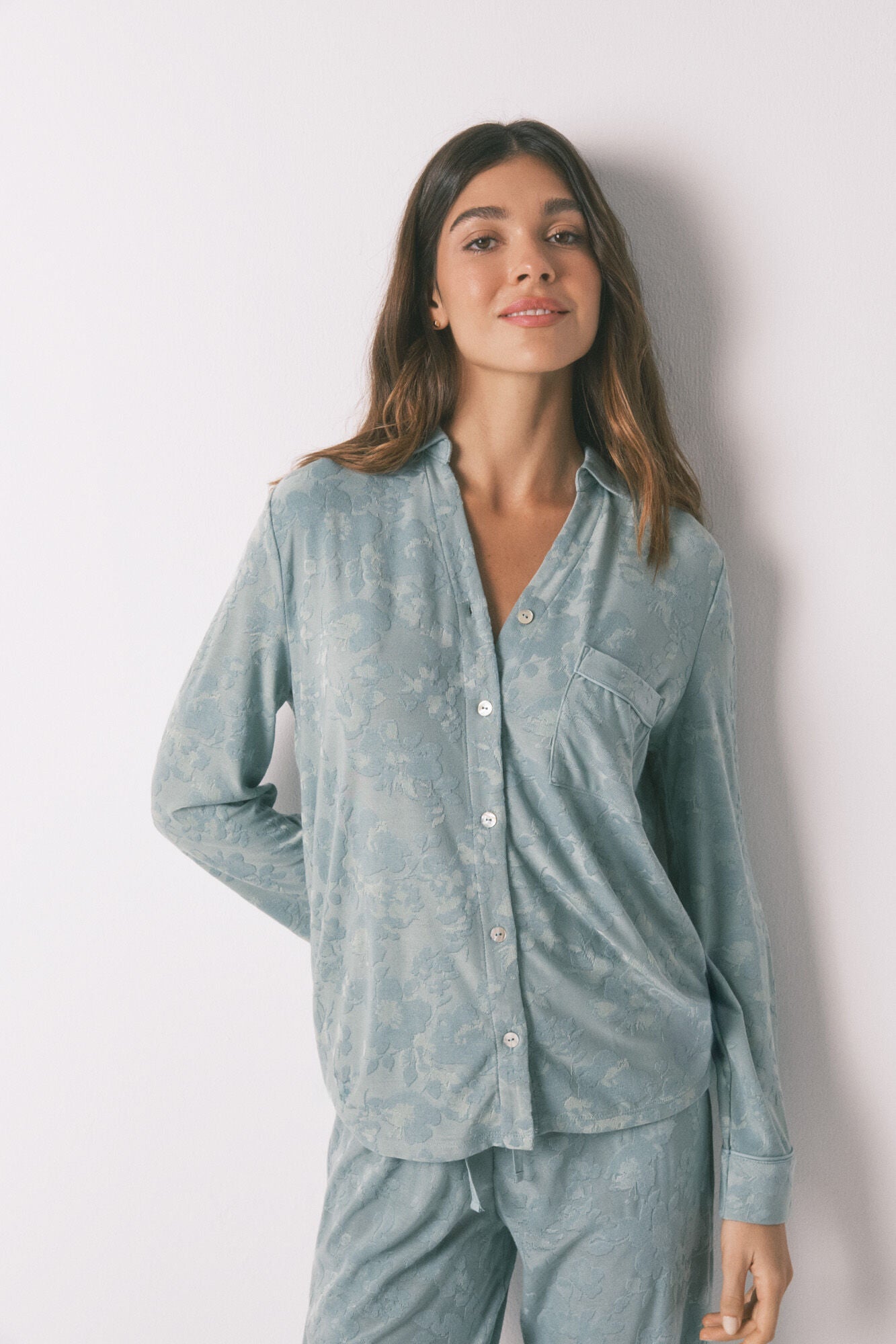 Women Secret_Green_Long Green Floral Jacquard Classic Pyjamas_3592430_22_02
