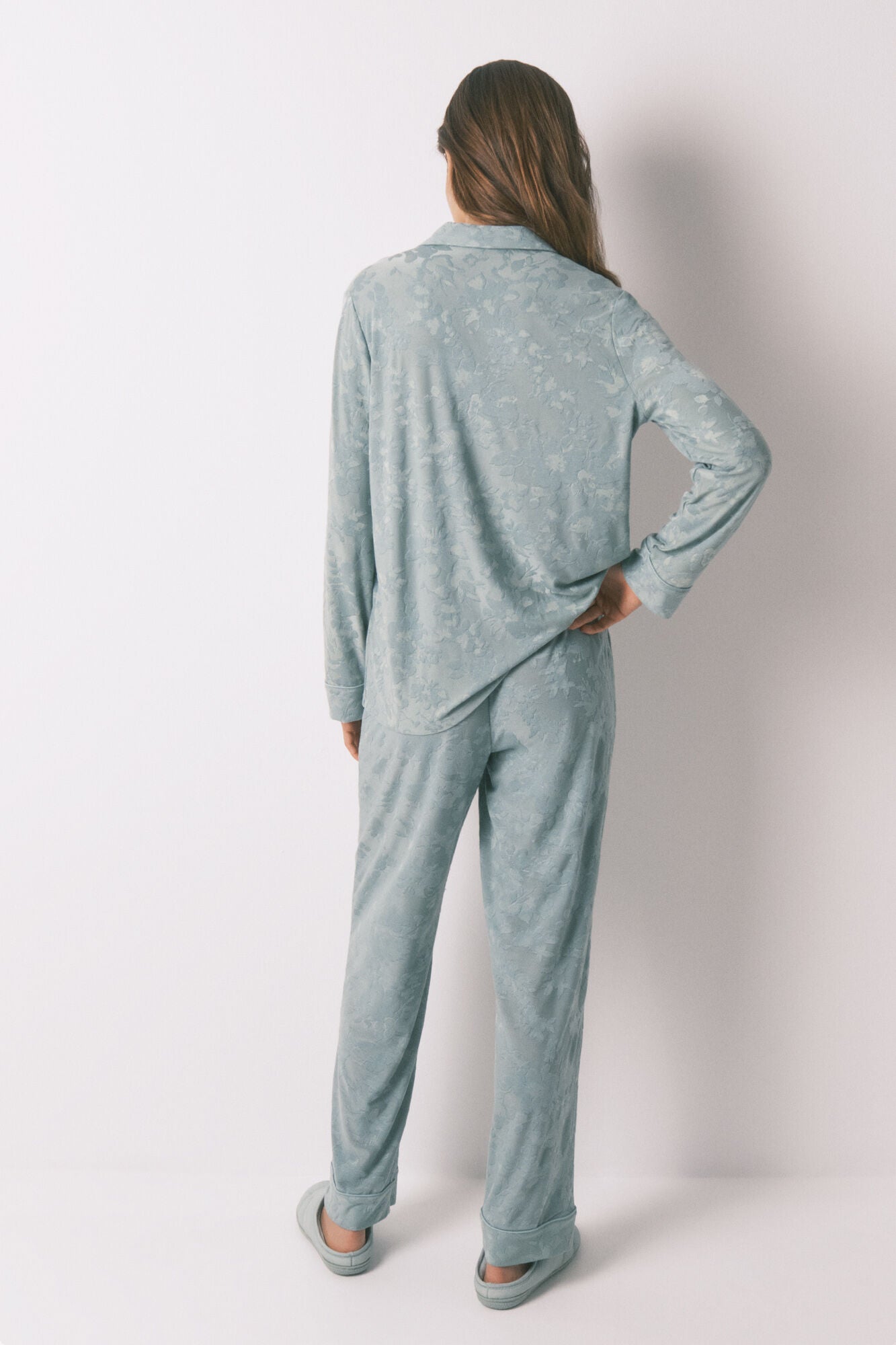 Women Secret_Green_Long Green Floral Jacquard Classic Pyjamas_3592430_22_06