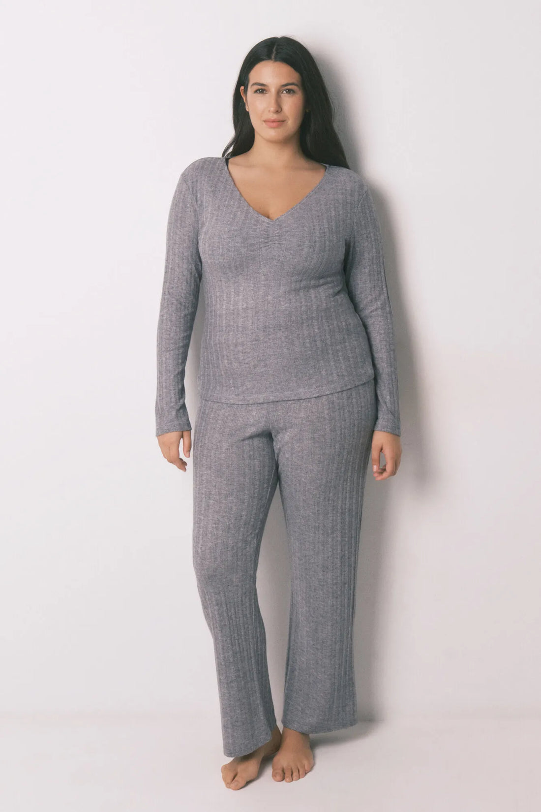 Women Secret_Dark Grey_Long Pyjamas Grey Tricot Jersey-Knit Pajamas_3592445_43_01