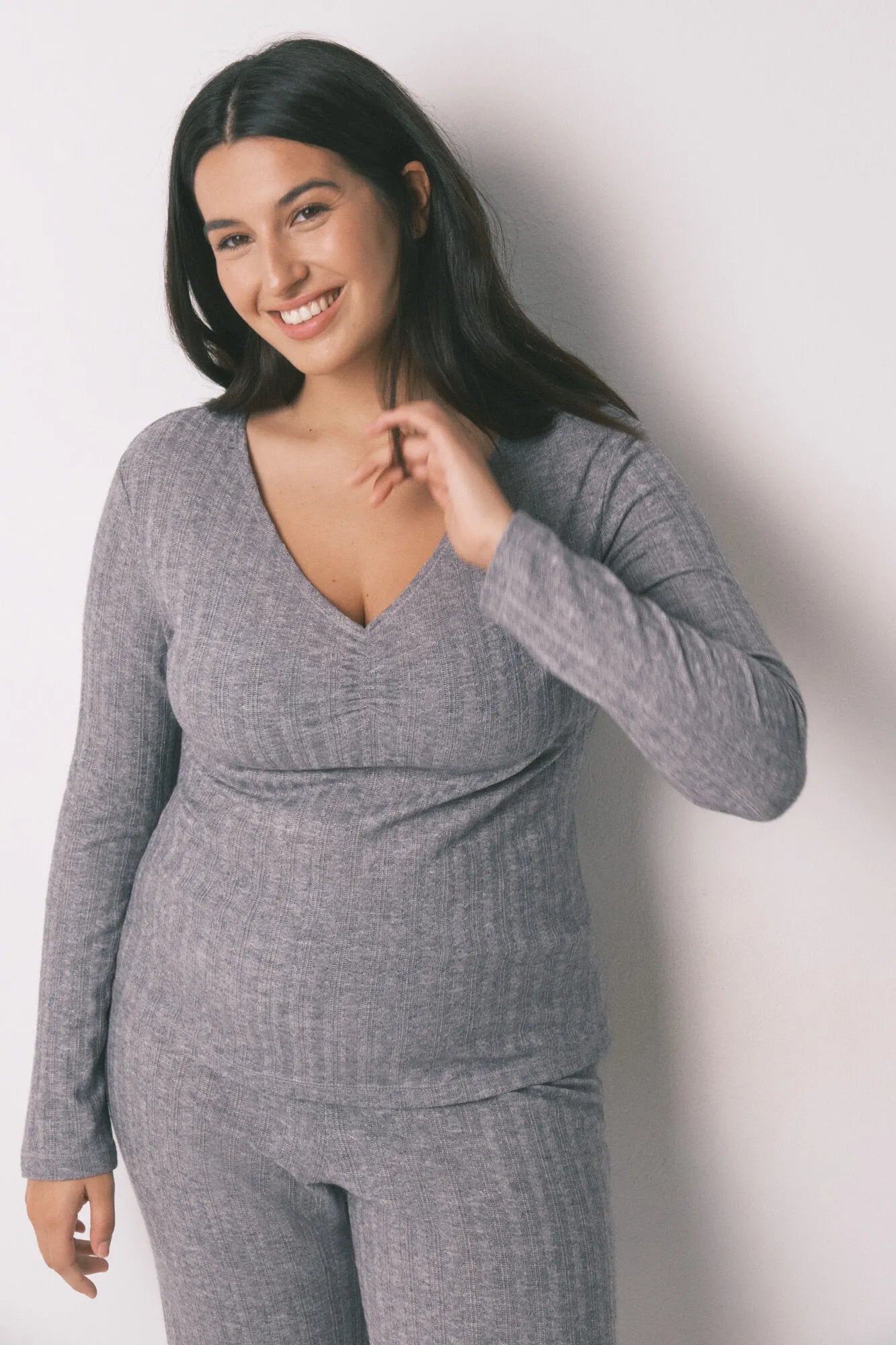 Women Secret_Dark Grey_Long Pyjamas Grey Tricot Jersey-Knit Pajamas_3592445_43_02