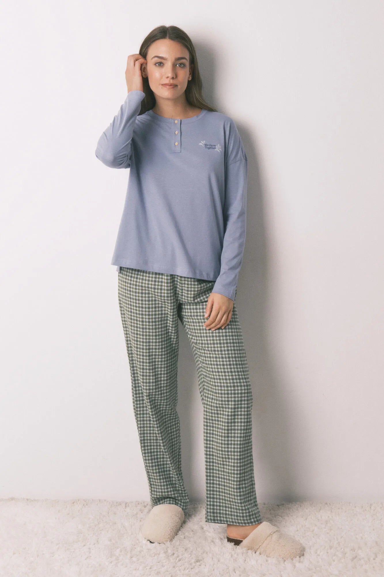 Women Secret_Light Blue_Long Pyjamas with Plaid Trouser_3592478_17_01