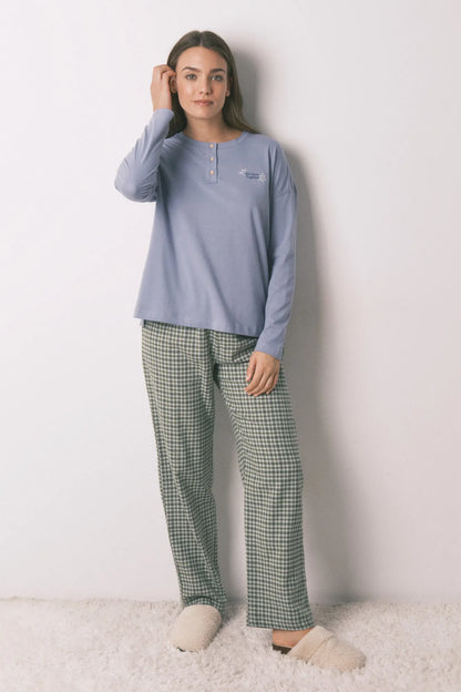 Women Secret_Light Blue_Long Pyjamas with Plaid Trouser_3592478_17_01